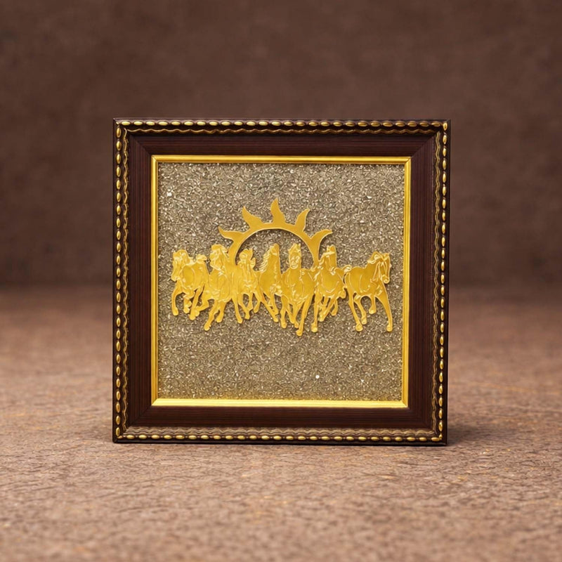 GoHooked brown wooden framed wall decor with 7 golden running horses and sun, pyrite stone background.