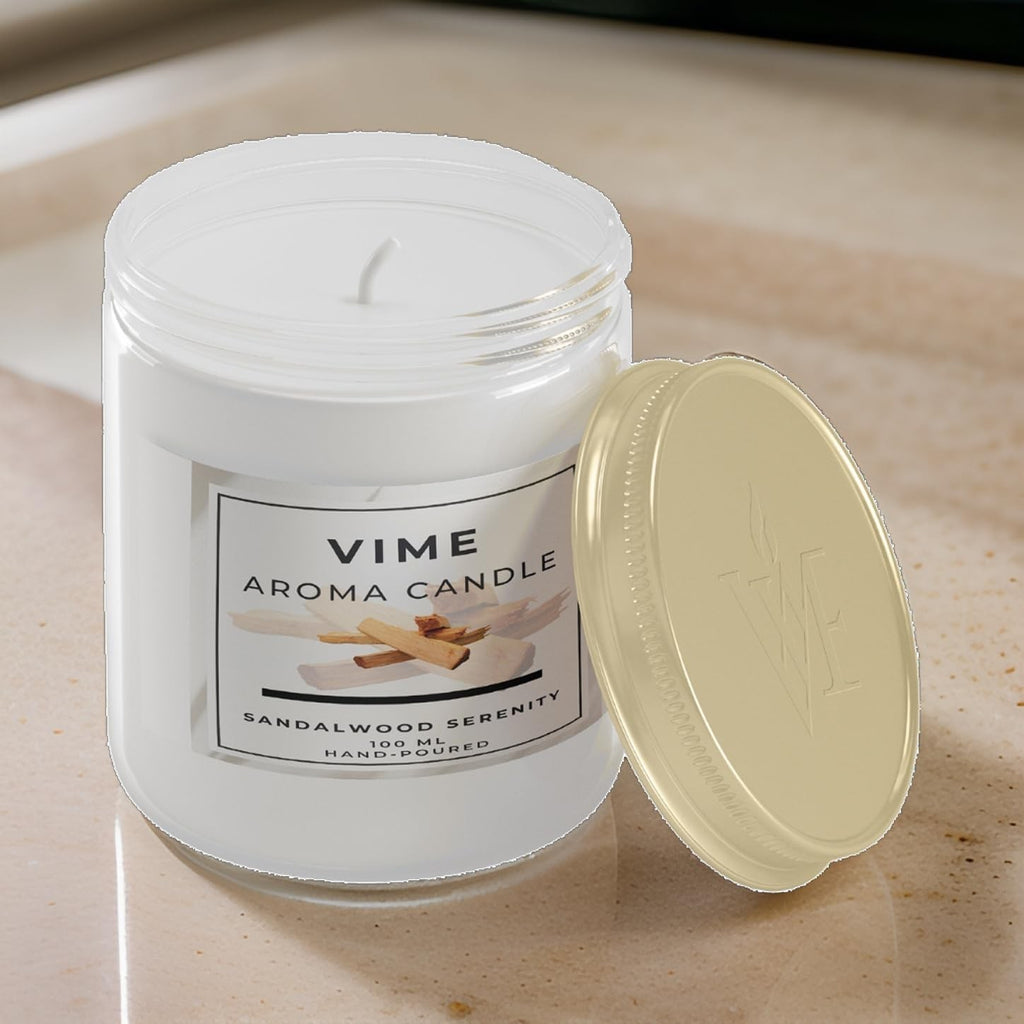 GoHooked ViMe Sandalwood Serenity aroma candle in a white jar with a gold lid. Hand-poured, 100ml.