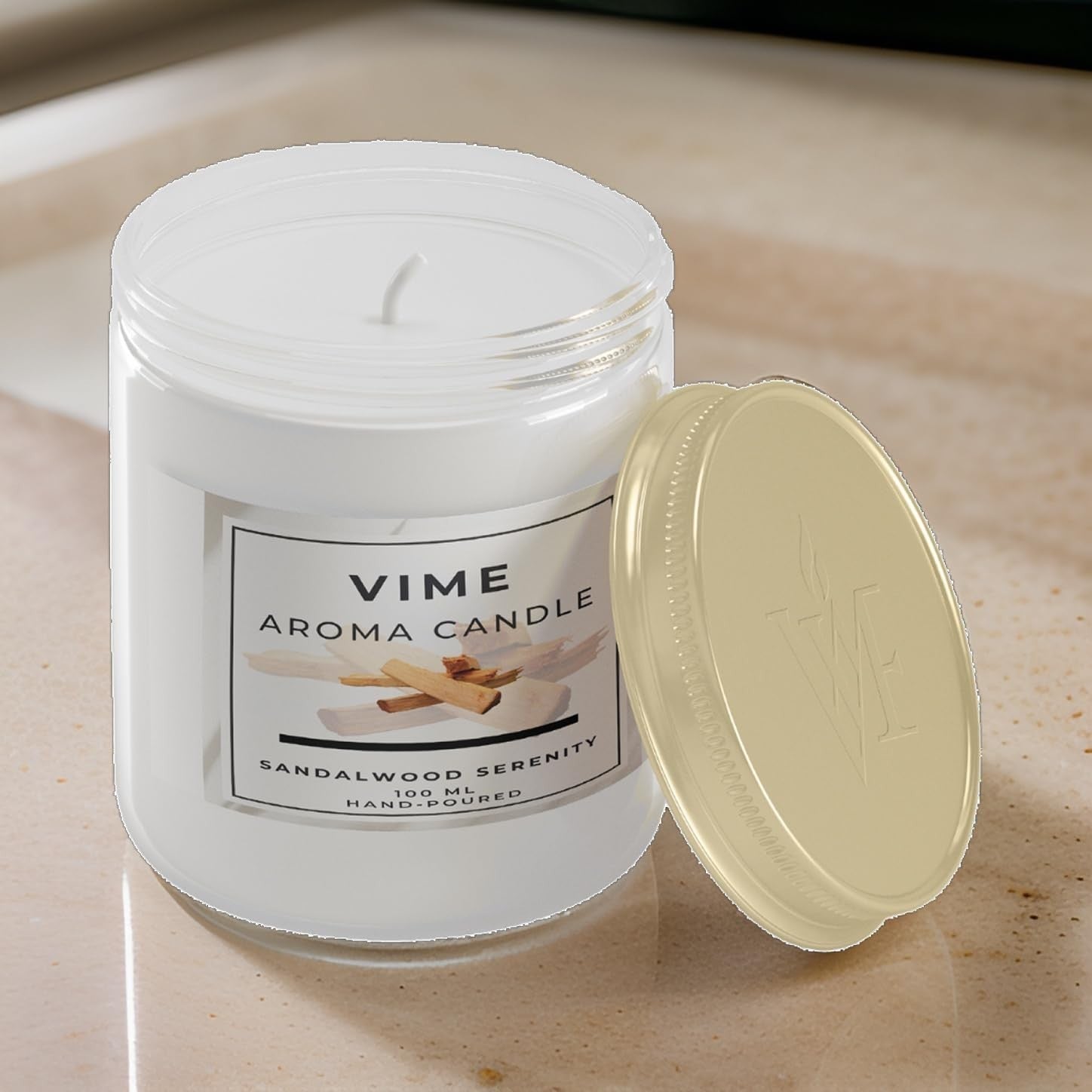 GoHooked ViMe Sandalwood Serenity aroma candle in a white jar with a gold lid. Hand-poured, 100ml.