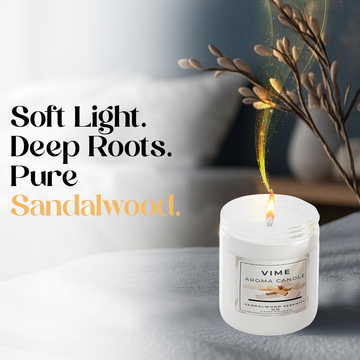 GoHooked ViMe Sandalwood Serenity aroma candle in a white jar, 120 gm, 35+ hour burn time, for home decor and aromatherapy.