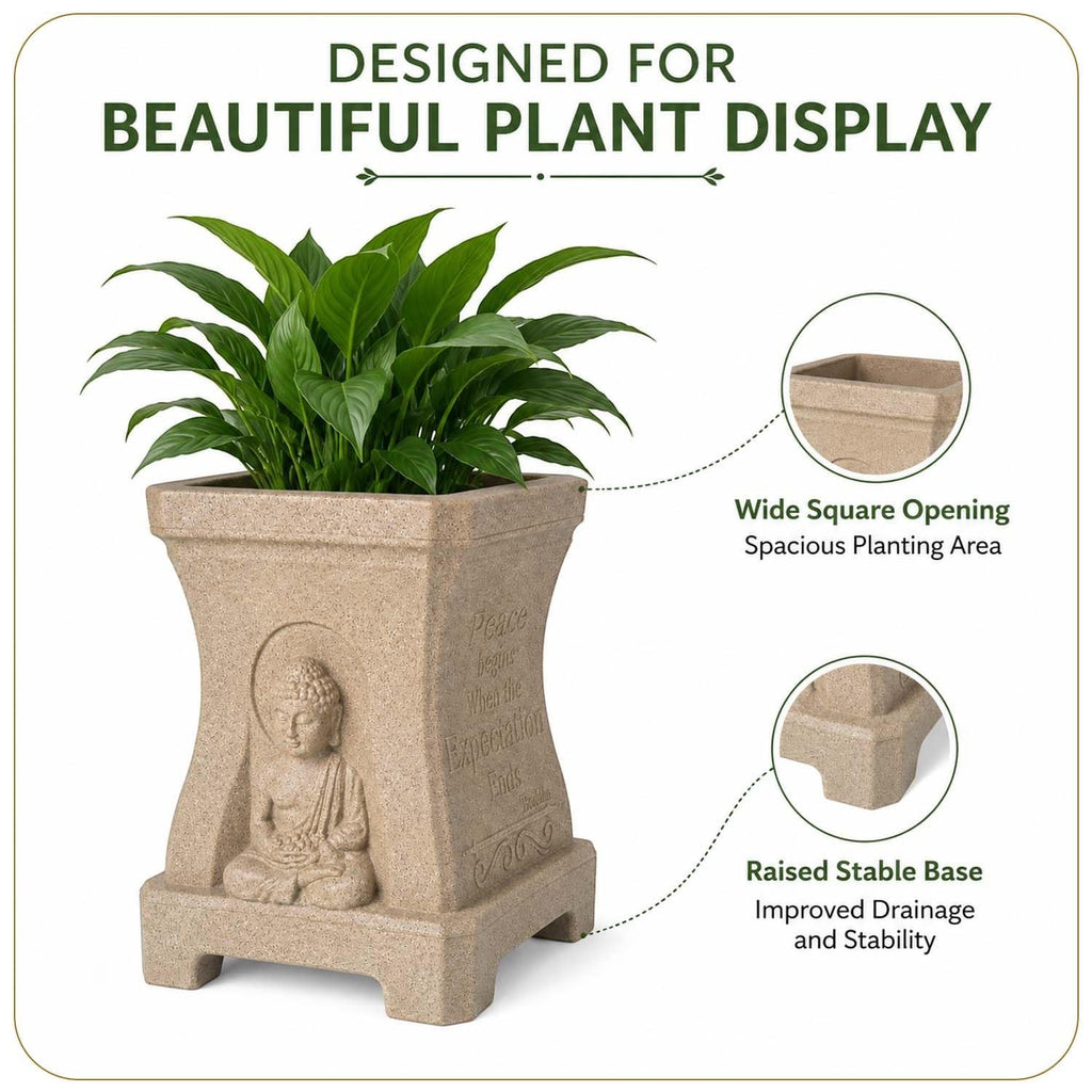GoHooked sandstone square planter with Buddha relief, inspirational side quotes, and a raised base for indoor plants.