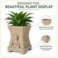 GoHooked sandstone square planter with Buddha relief, inspirational side quotes, and a raised base for indoor plants.