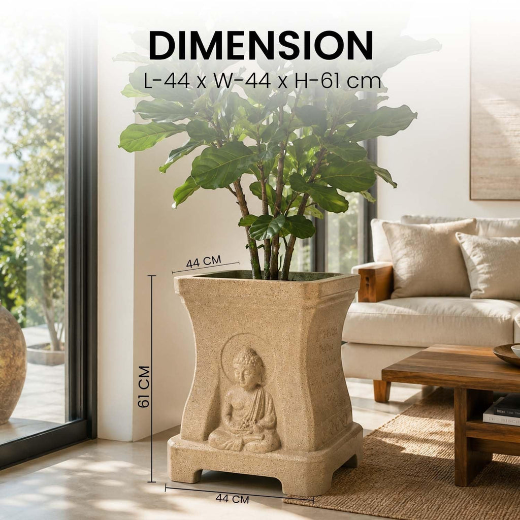 GoHooked 24-inch square sandstone Buddha planter with a serene relief design and raised base in a modern living room.