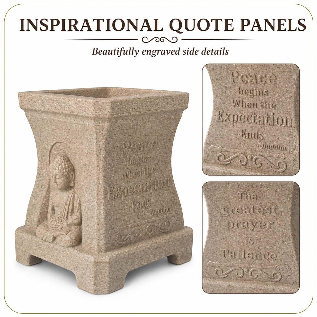 GoHooked sandstone square planter with Buddha relief and engraved inspirational quote panels on the sides.