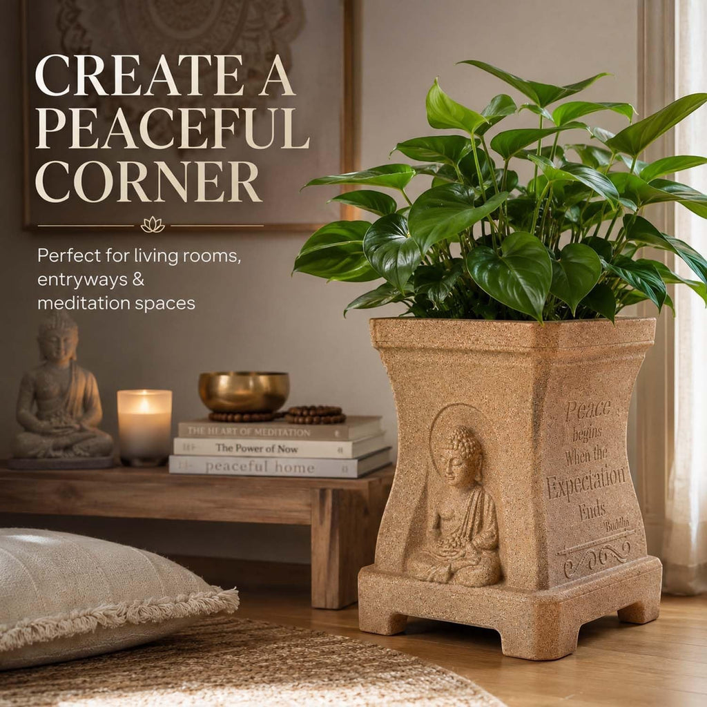 GoHooked sandstone square planter with Buddha relief and engraved quotes, holding a lush green plant in a Zen room.