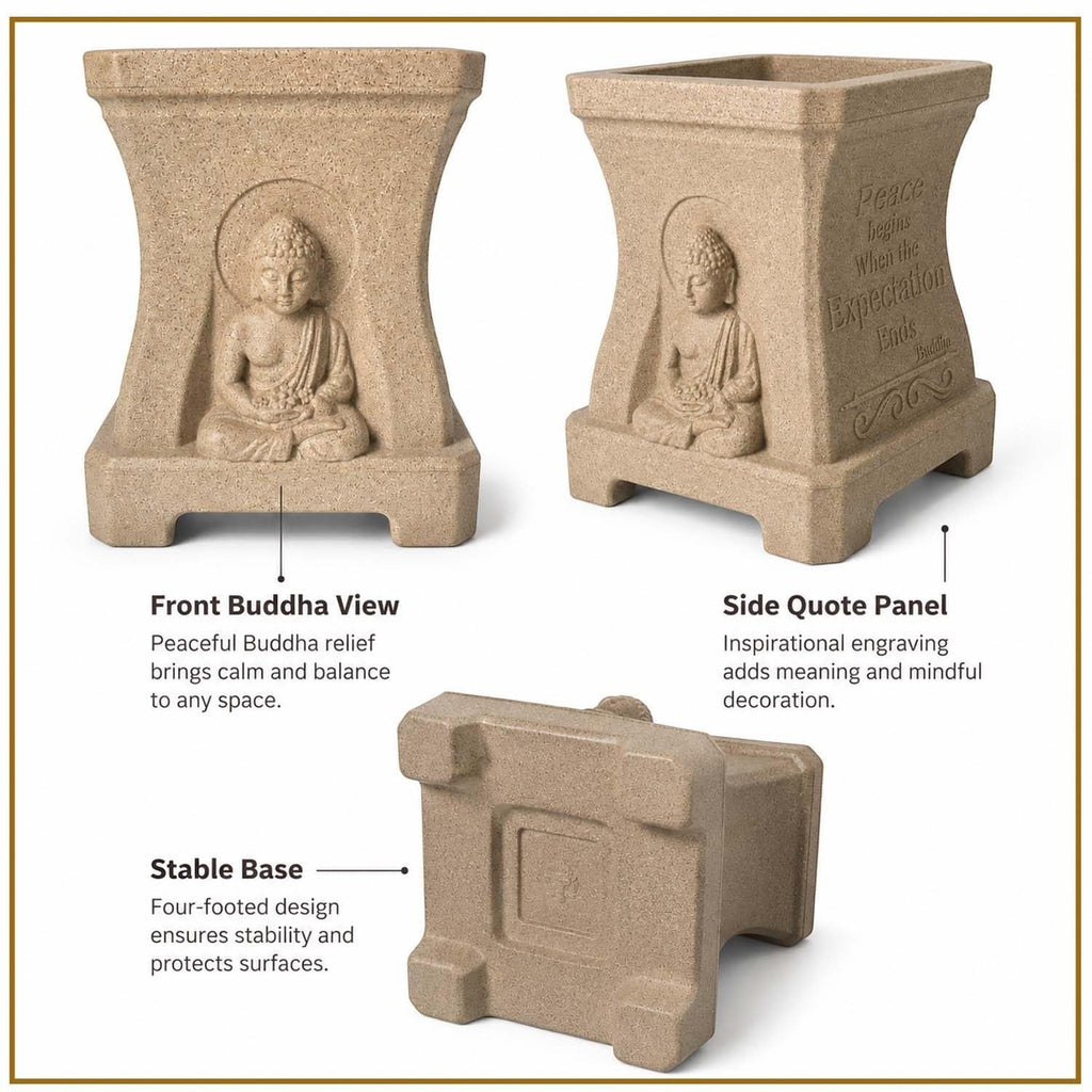 GoHooked sandstone polymer square planter with Buddha relief, side quote engraving, and a stable four-footed base.
