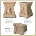 GoHooked sandstone polymer square planter with Buddha relief, side quote engraving, and a stable four-footed base.