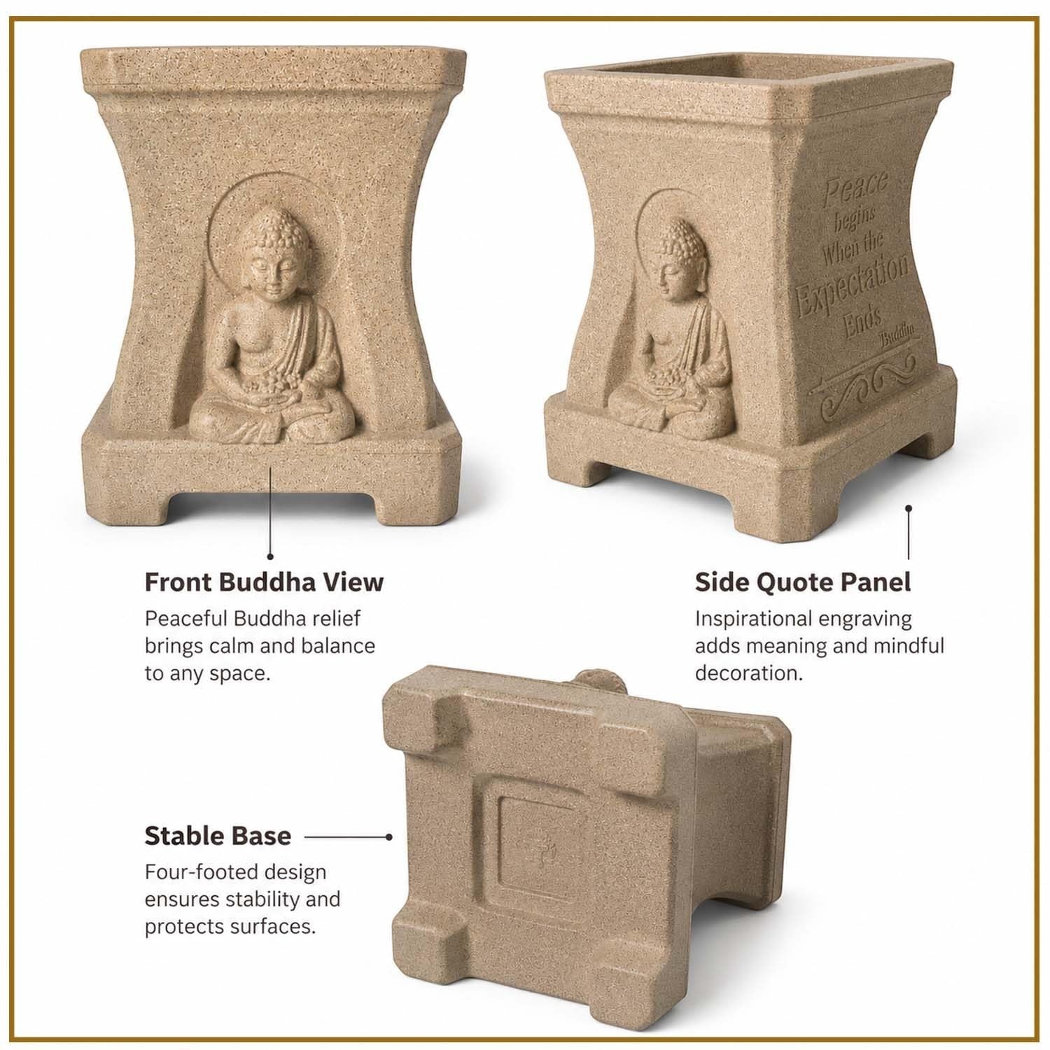 GoHooked sandstone polymer square planter with Buddha relief, side quote engraving, and a stable four-footed base.