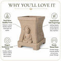 GoHooked sandstone-look square polymer planter with a serene Buddha relief, side engravings, and a raised base.
