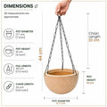 Go Hooked sandstone polymer round hanging planter pot with metal chain, 7 inch diameter.