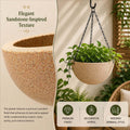 Go Hooked sandstone-inspired polymer hanging planter pot with metal chain, 7 inch round design for indoor/outdoor use.