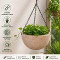 Go Hooked sandstone polymer round hanging planter pot with metal chain, decorative textured finish.
