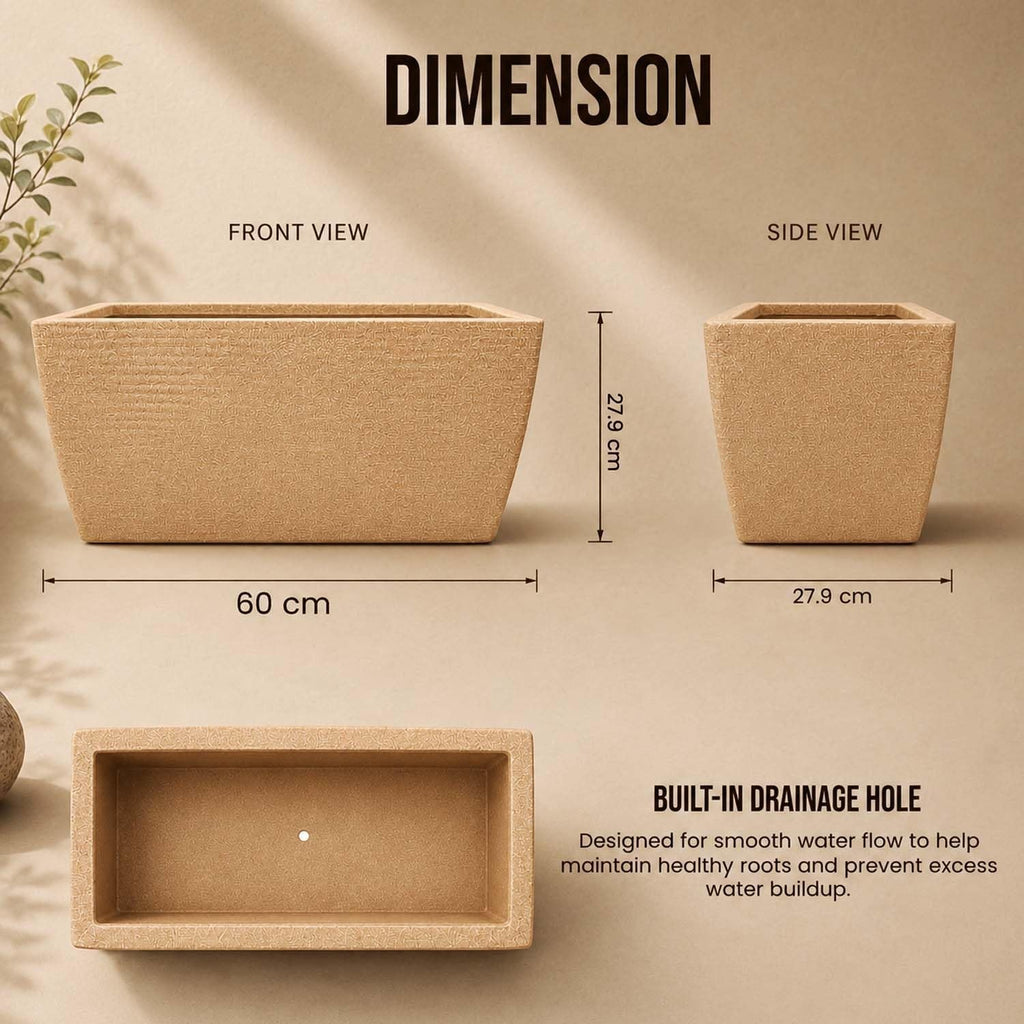 GoHooked sandstone rectangular polymer planter pot with ribbed design and built-in drainage hole. 24x11 inch.