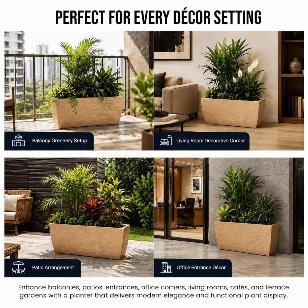 GoHooked sandstone rectangular polymer planter pot with ribbed texture, 24x11 inches, for indoor/outdoor use.