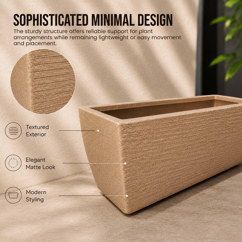 GoHooked sandstone rectangular polymer planter pot with textured exterior and modern styling. 36x14 inch.