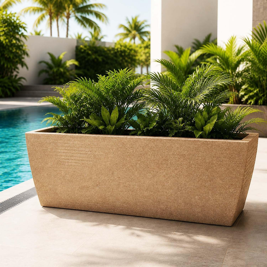GoHooked sandstone rectangular polymer planter pot with ribbed design, 36 inches, for indoor/outdoor use.