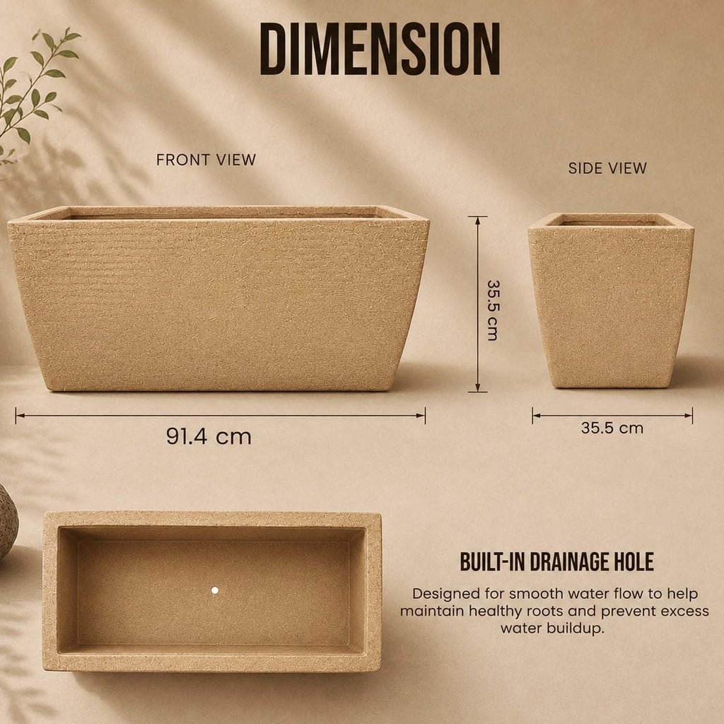 GoHooked sandstone rectangular polymer planter pot with ribbed design and drainage hole, 36x14 inches.