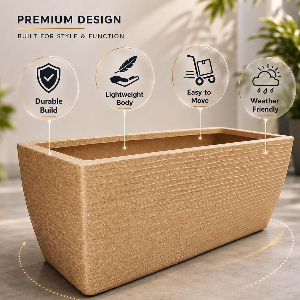 GoHooked sandstone rectangular polymer planter pot with ribbed texture, 24x11 inches, for indoor/outdoor use.