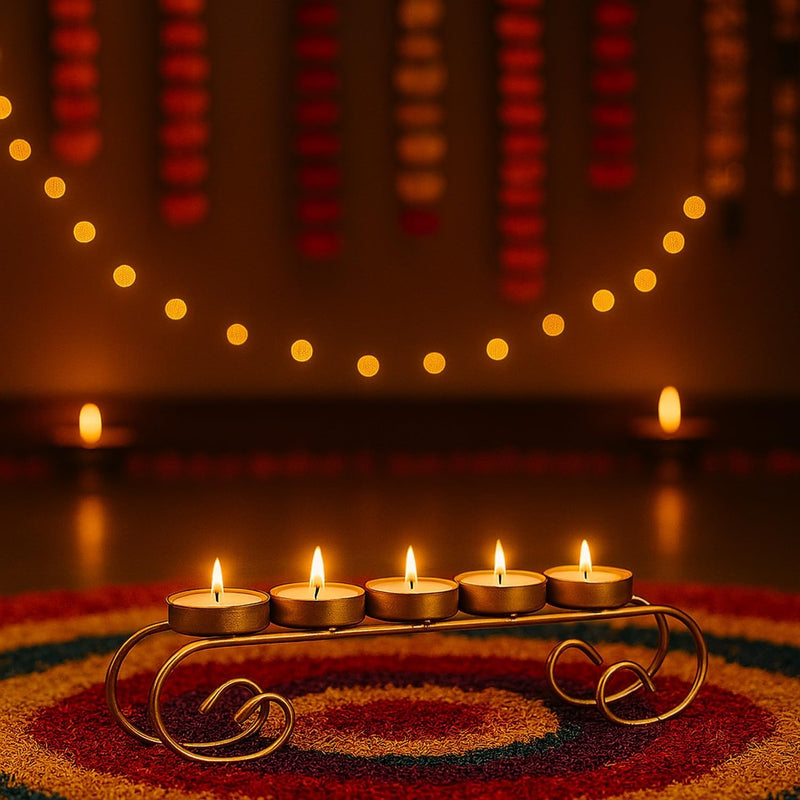 GoHooked matte gold iron scroll tealight candle holder with 5 trays, perfect for Diwali decor.