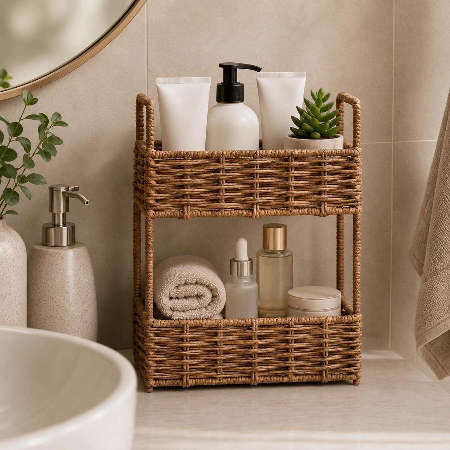 GoHooked brown handwoven water hyacinth seagrass two-tier basket with handles, holding toiletries and towels.