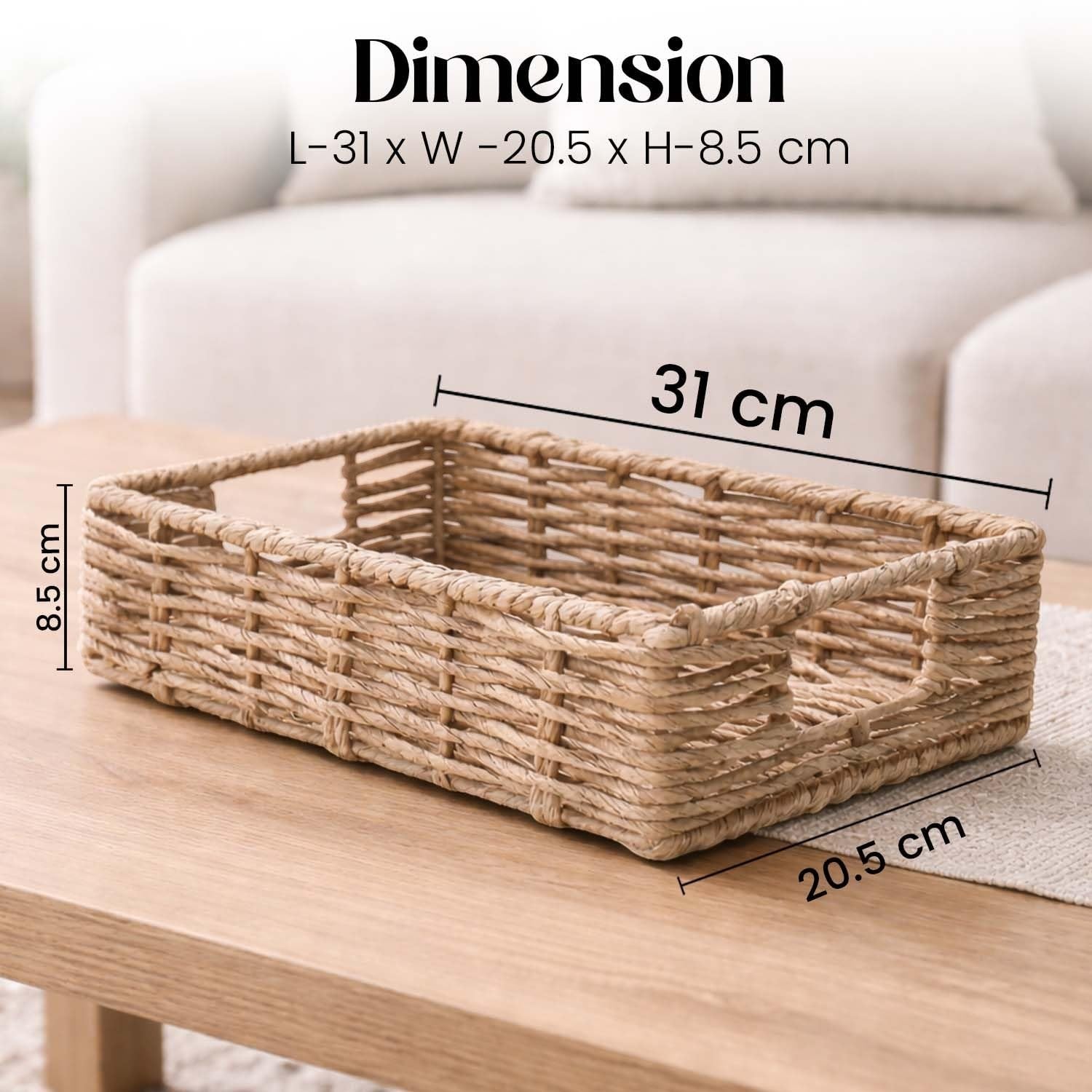 GoHooked handwoven rectangular brown water hyacinth seagrass storage basket with handles, 12 inch.