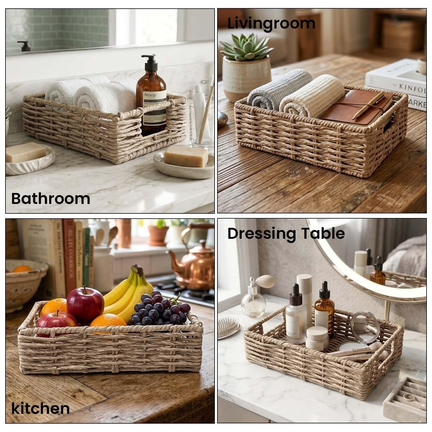 GoHooked handwoven rectangular water hyacinth seagrass basket with handles, natural brown color, for bathroom, kitchen, or living room organization.