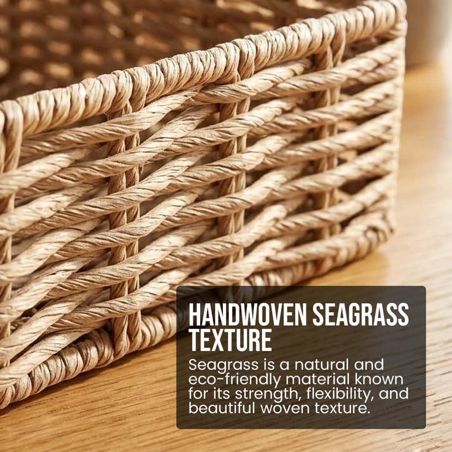 GoHooked handwoven brown water hyacinth seagrass rectangular storage basket with handles, 12 inch.