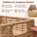 GoHooked handwoven brown water hyacinth seagrass rectangular storage basket with handles. Open weave design.
