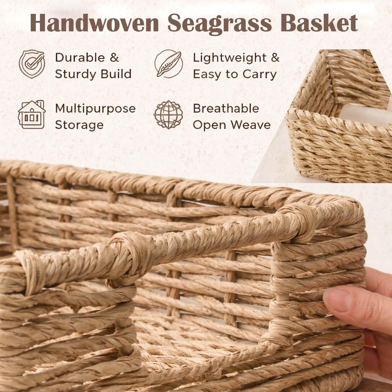 GoHooked handwoven brown water hyacinth seagrass rectangular storage basket with handles. Open weave design.