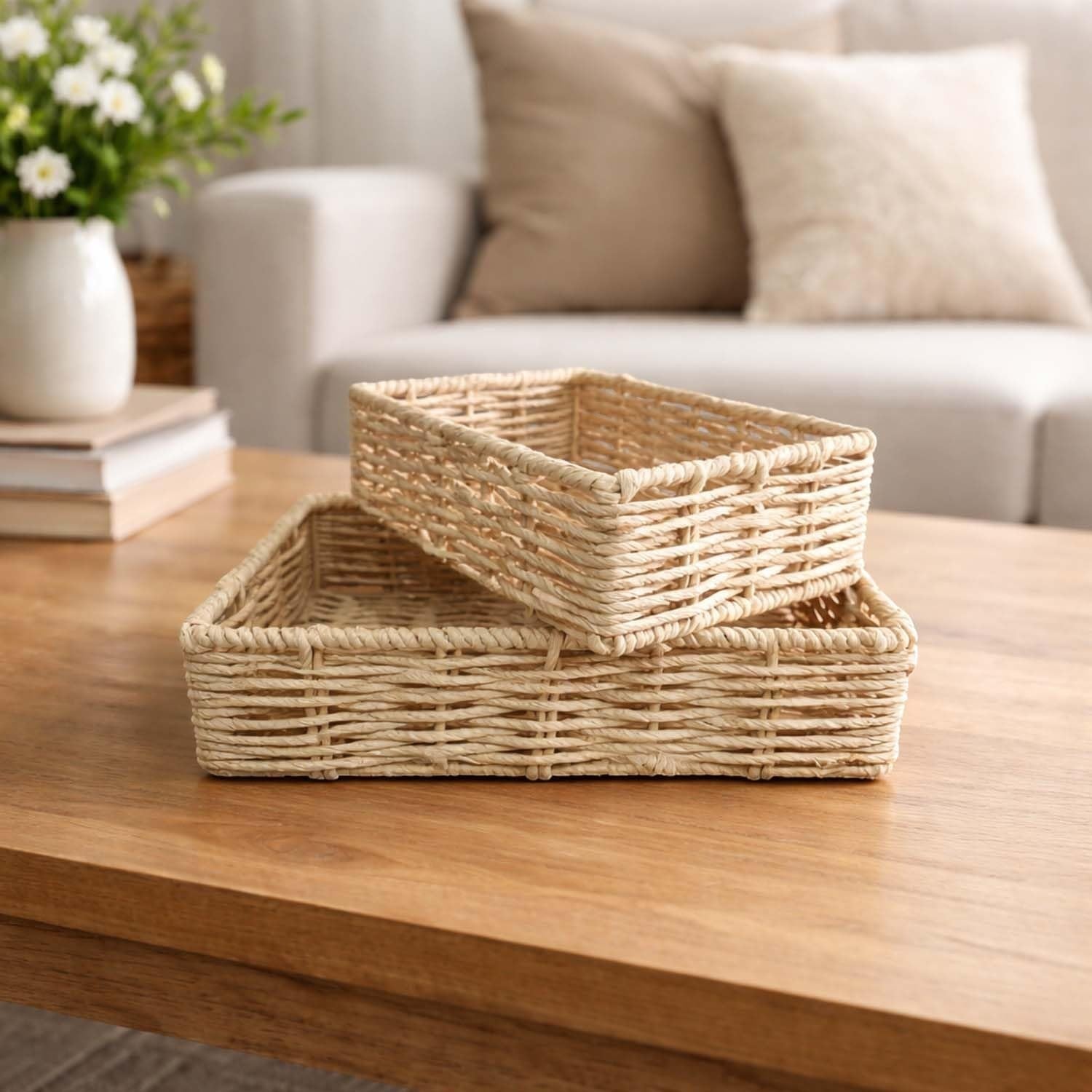 GoHooked handwoven rectangular water hyacinth seagrass storage basket with handles, natural brown color.