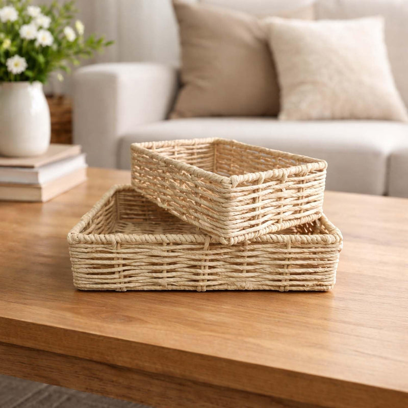 GoHooked handwoven rectangular water hyacinth seagrass storage basket with handles, natural brown color.