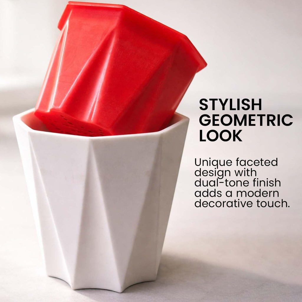 GoHooked white and red geometric self-watering plastic plant pots, 4-inch size, pack of 3.