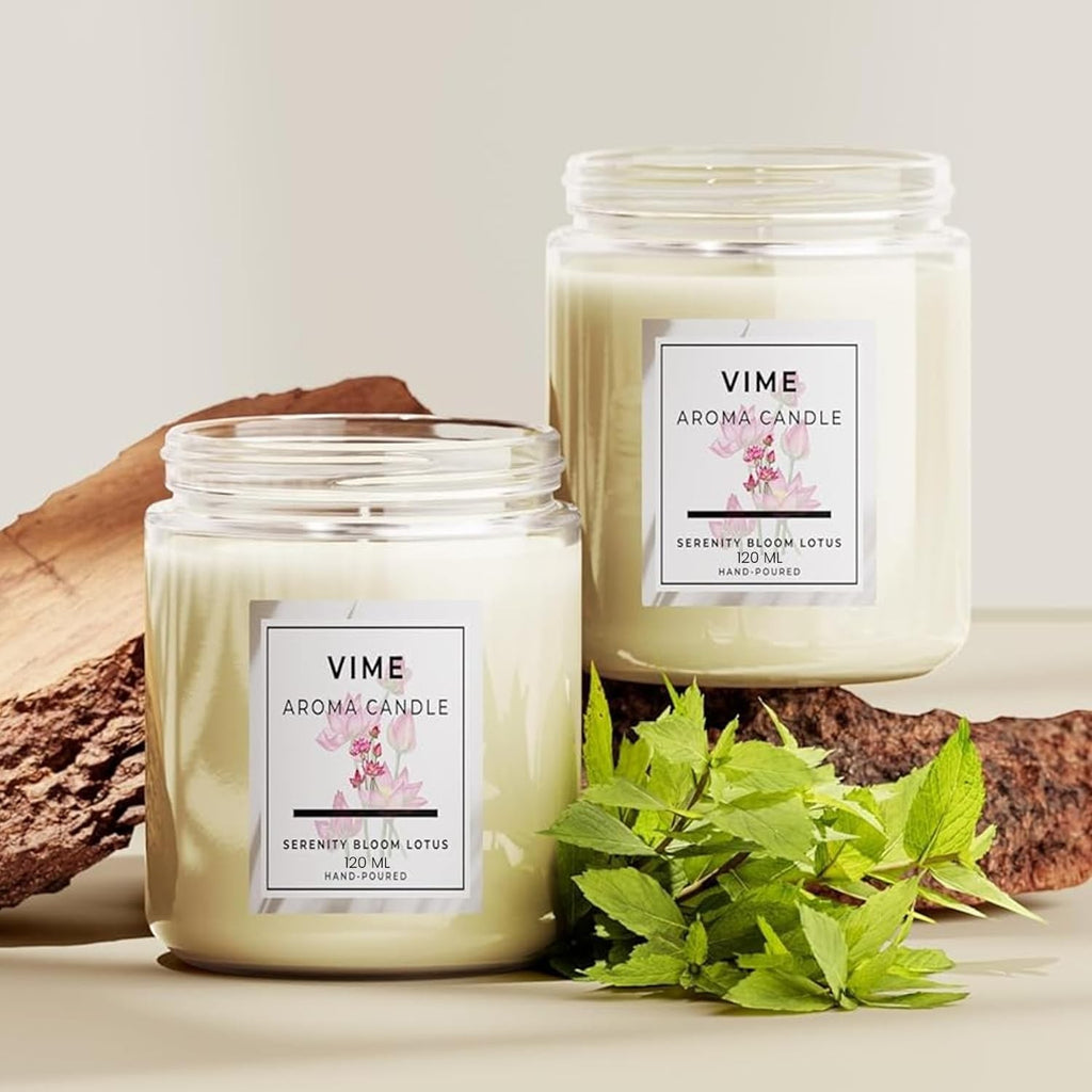 GoHooked white glass jar aroma candle with Serenity Bloom Lotus fragrance, 120 ml, hand-poured.