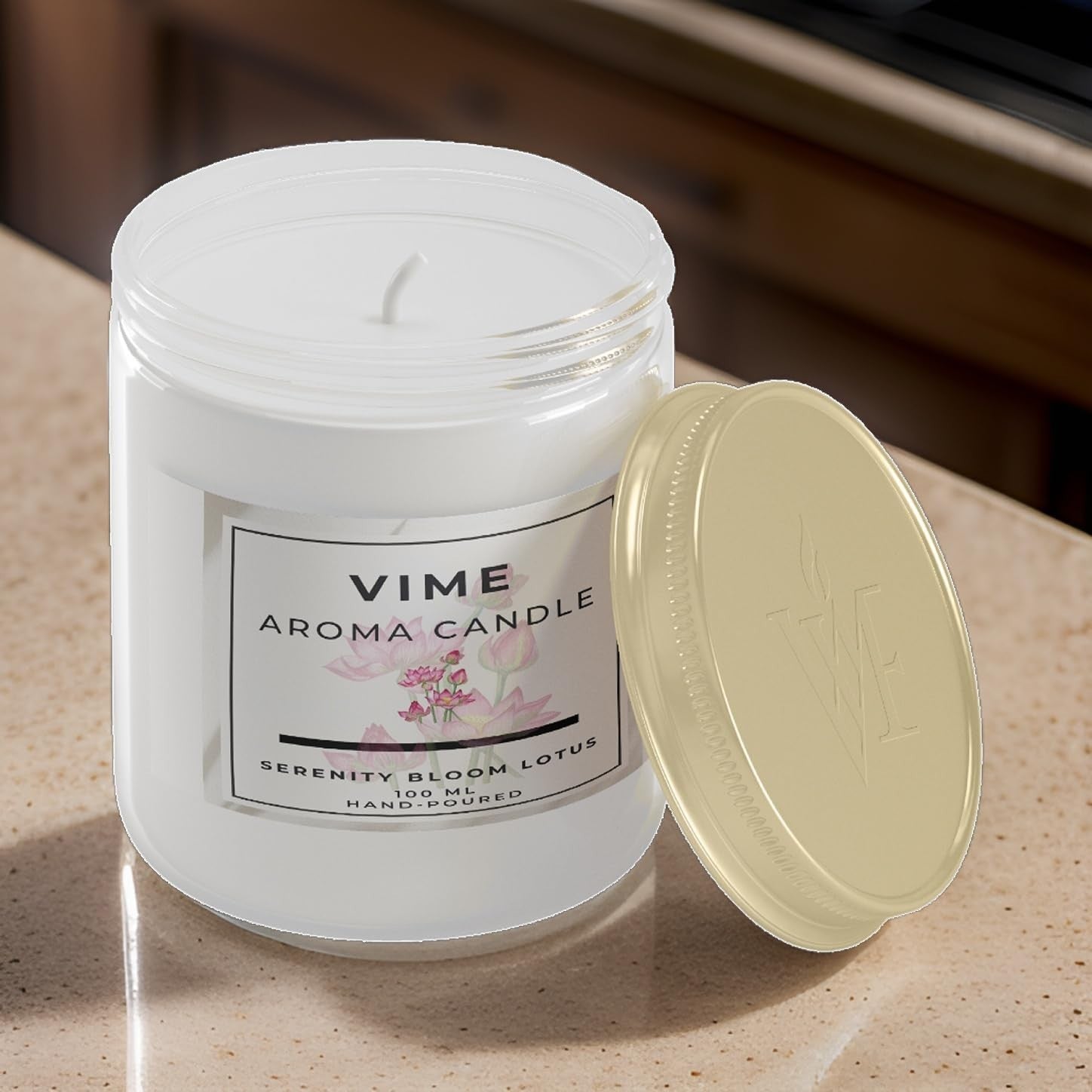 GoHooked white glass jar candle with Serenity Bloom Lotus fragrance, 100ml, hand-poured for aromatherapy.