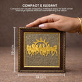 GoHooked brown wooden framed wall decor with 7 golden running horses and sun motif on pyrite stone dust background.
