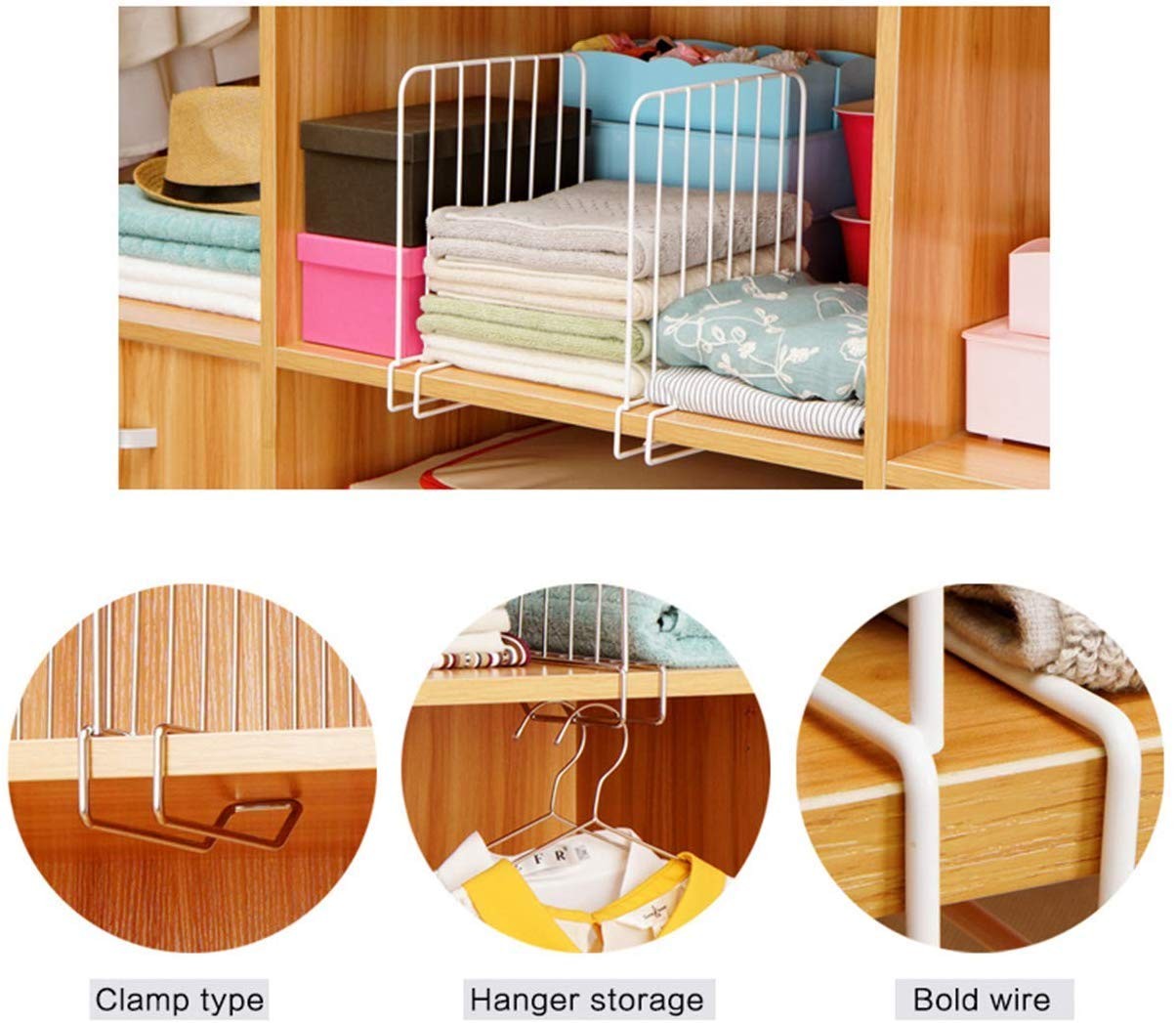 Go Hooked white coated iron shelf dividers for closet organization. Pack of 3, space-saving design.