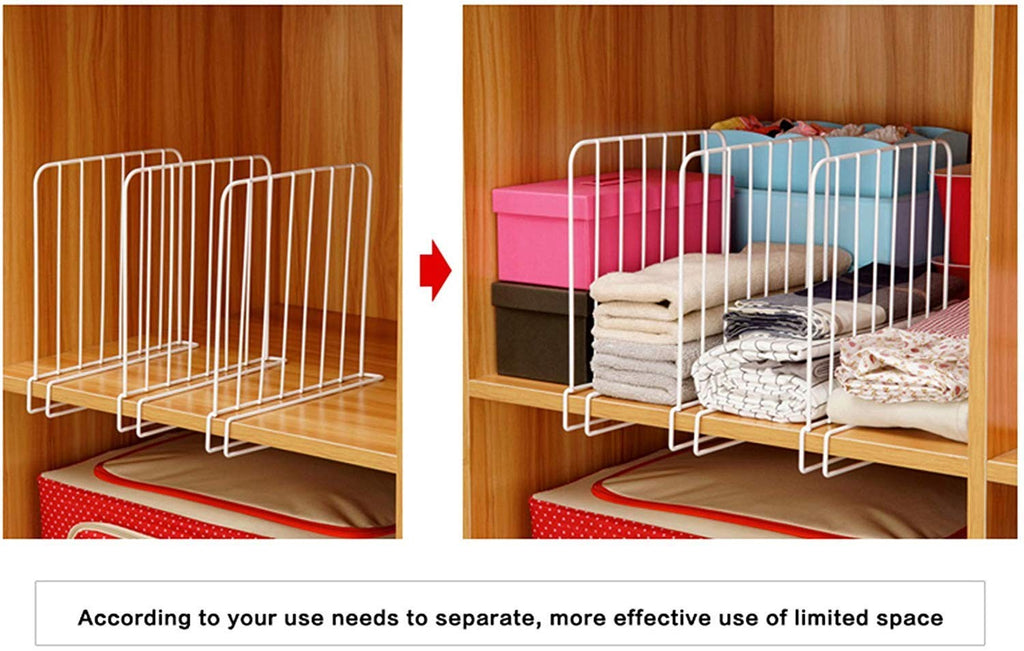 GoHooked white coated iron closet shelf dividers organizing folded towels, blankets, and boxes. Pack of 3.