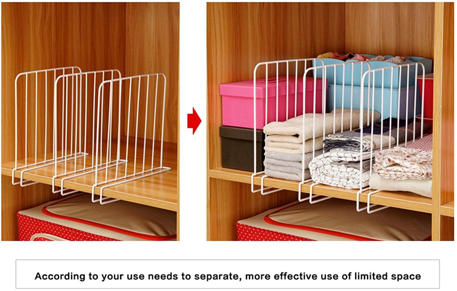 GoHooked white coated iron closet shelf dividers organizing folded towels, blankets, and boxes. Pack of 3.