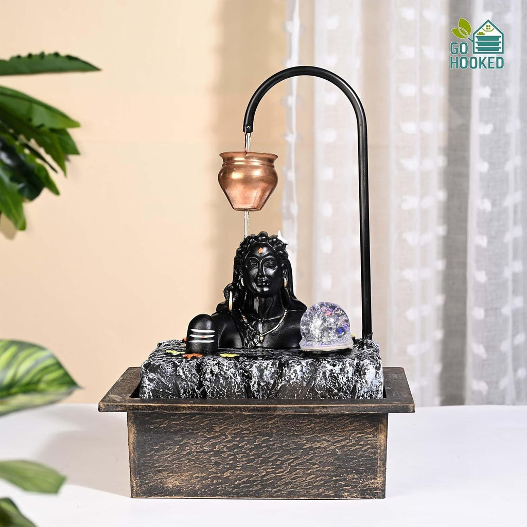 GoHooked Lord Shiva tabletop fountain with LED crystal ball, copper kalash drip, and polyresin waterfall. Matte black.