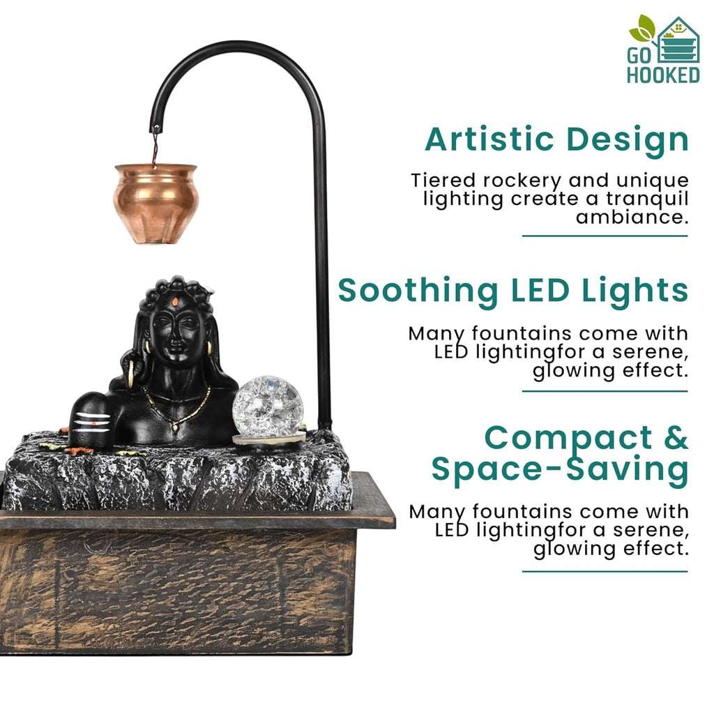 GoHooked Lord Shiva tabletop water fountain with LED crystal ball and copper kalash drip, matte black and copper polyresin, 19 inch