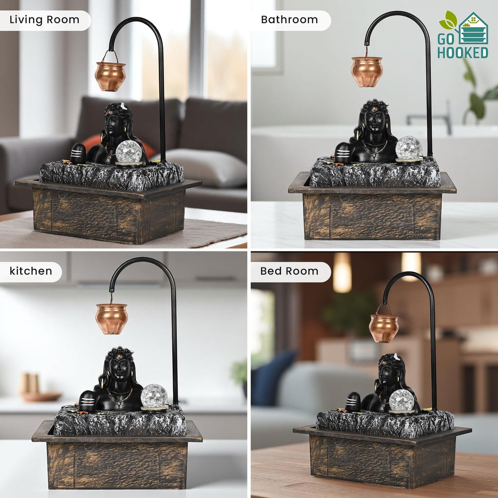 GoHooked matte black and copper Lord Shiva table-top water fountain with LED crystal ball and real copper kalash drip.
