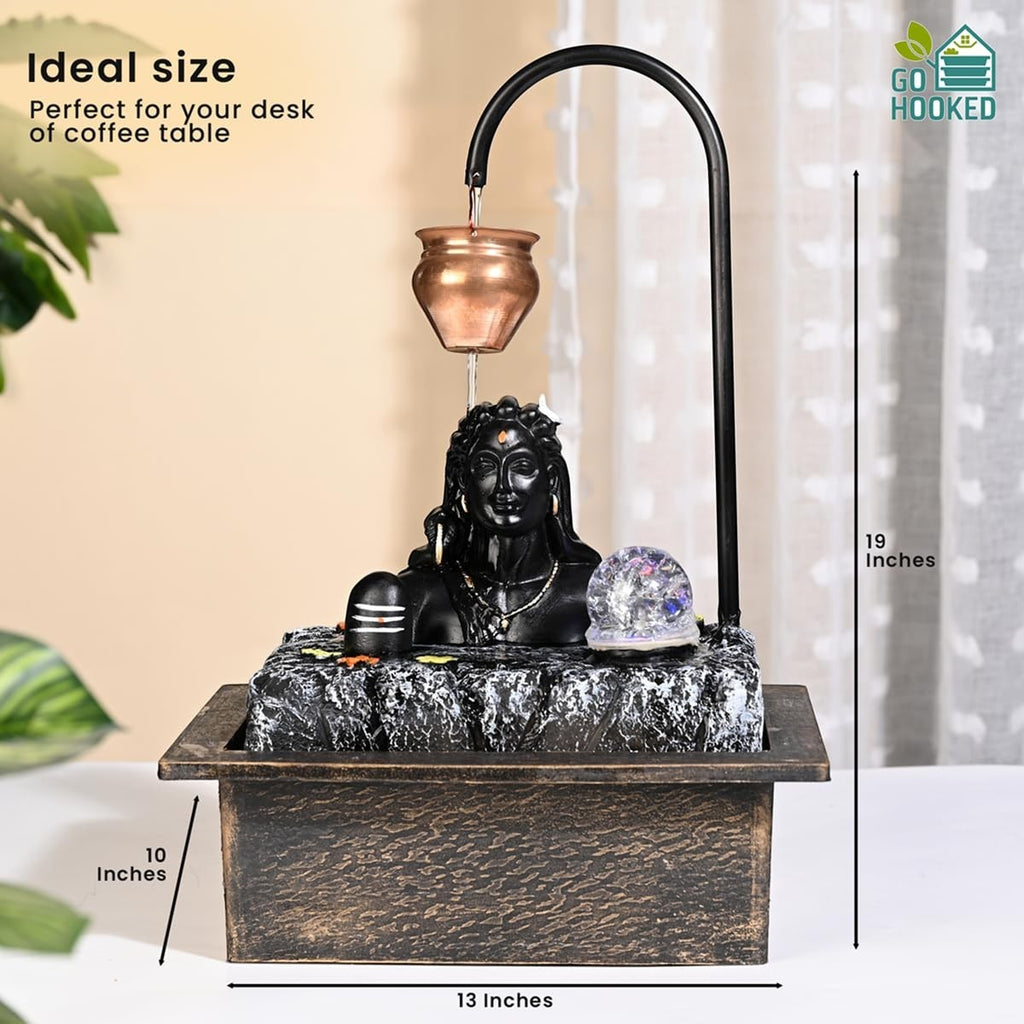 GoHooked Lord Shiva tabletop water fountain with LED crystal ball and copper kalash drip. Matte black polyresin.
