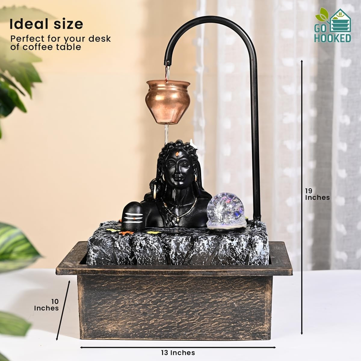 GoHooked Lord Shiva tabletop water fountain with LED crystal ball and copper kalash drip. Matte black polyresin.