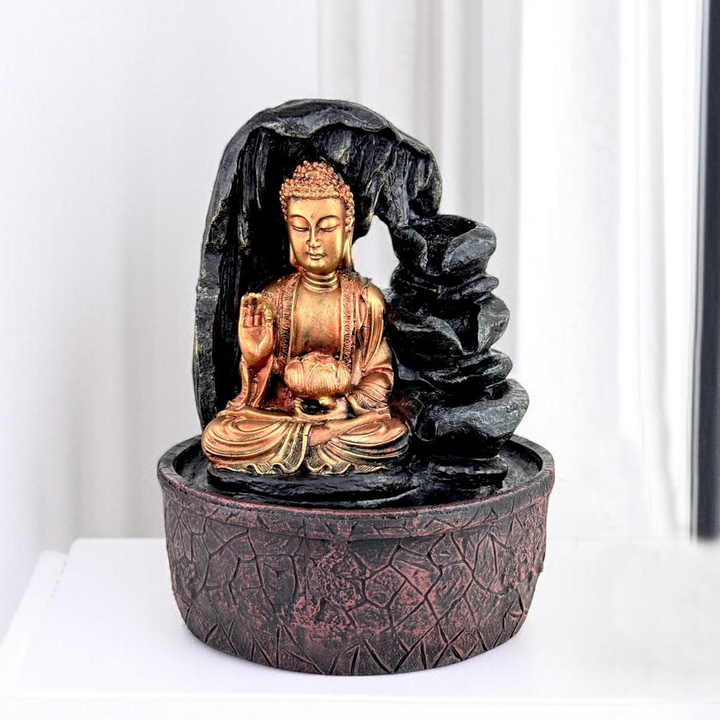GoHooked Lord Shiva tabletop water fountain with LED crystal ball and copper kalash drip. Resin waterfall for home decor.