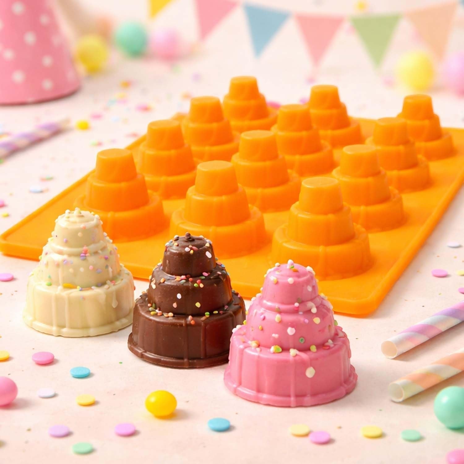 GoHooked silicone mold with 12 cake-shaped cavities, featuring white, dark, and pink chocolate mini cakes on a table.