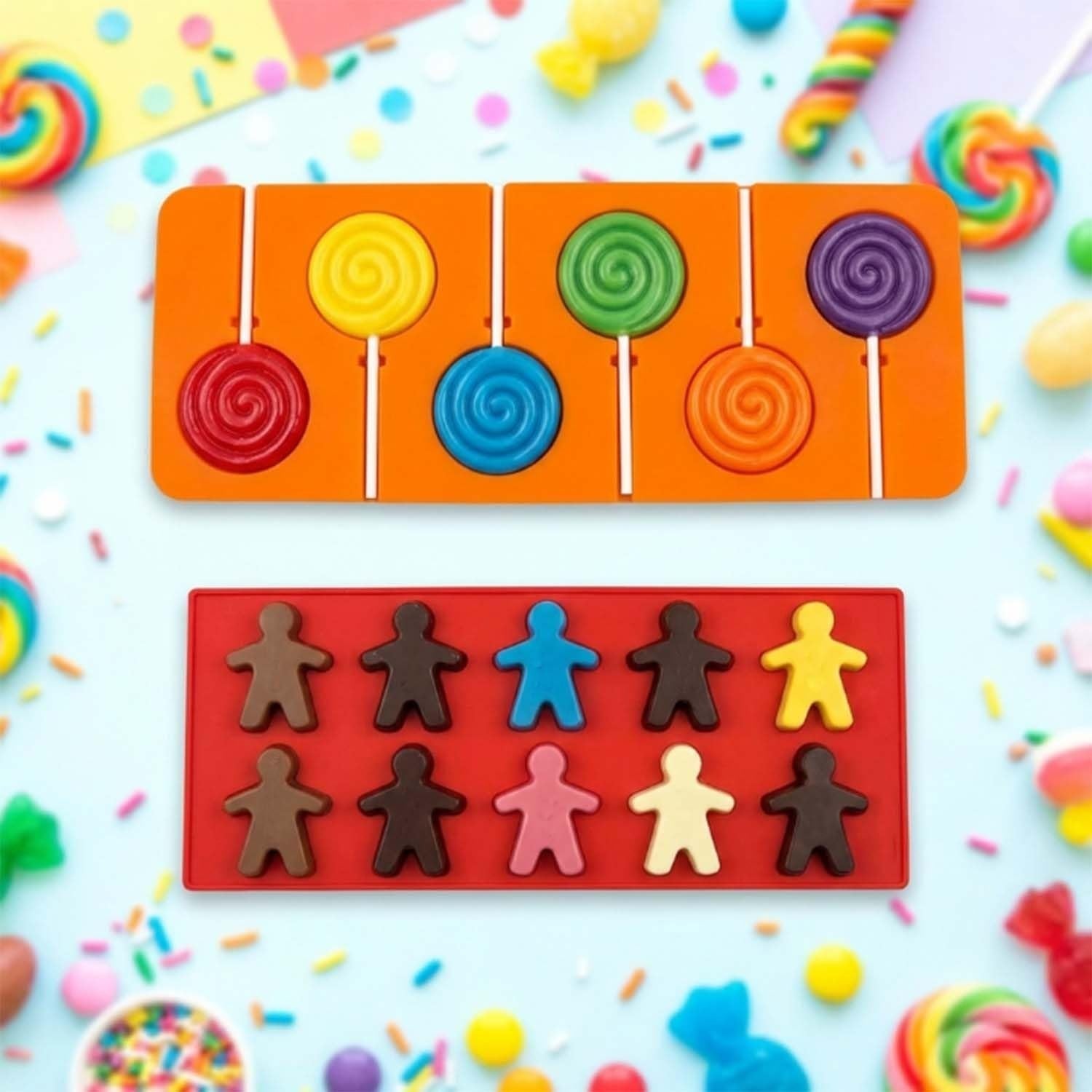 GoHooked silicone chocolate and candy molds featuring lollipop and gingerbread man shapes on a colorful confetti background