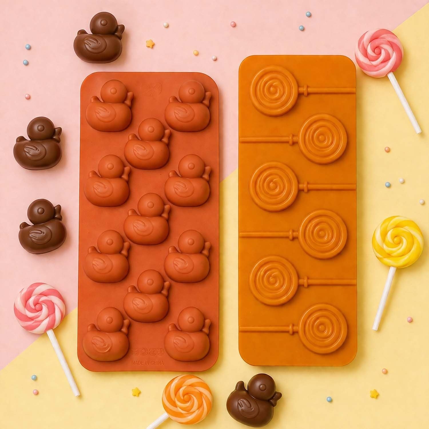 GoHooked silicone chocolate molds featuring duck and lollipop shapes with finished candies on a pastel background