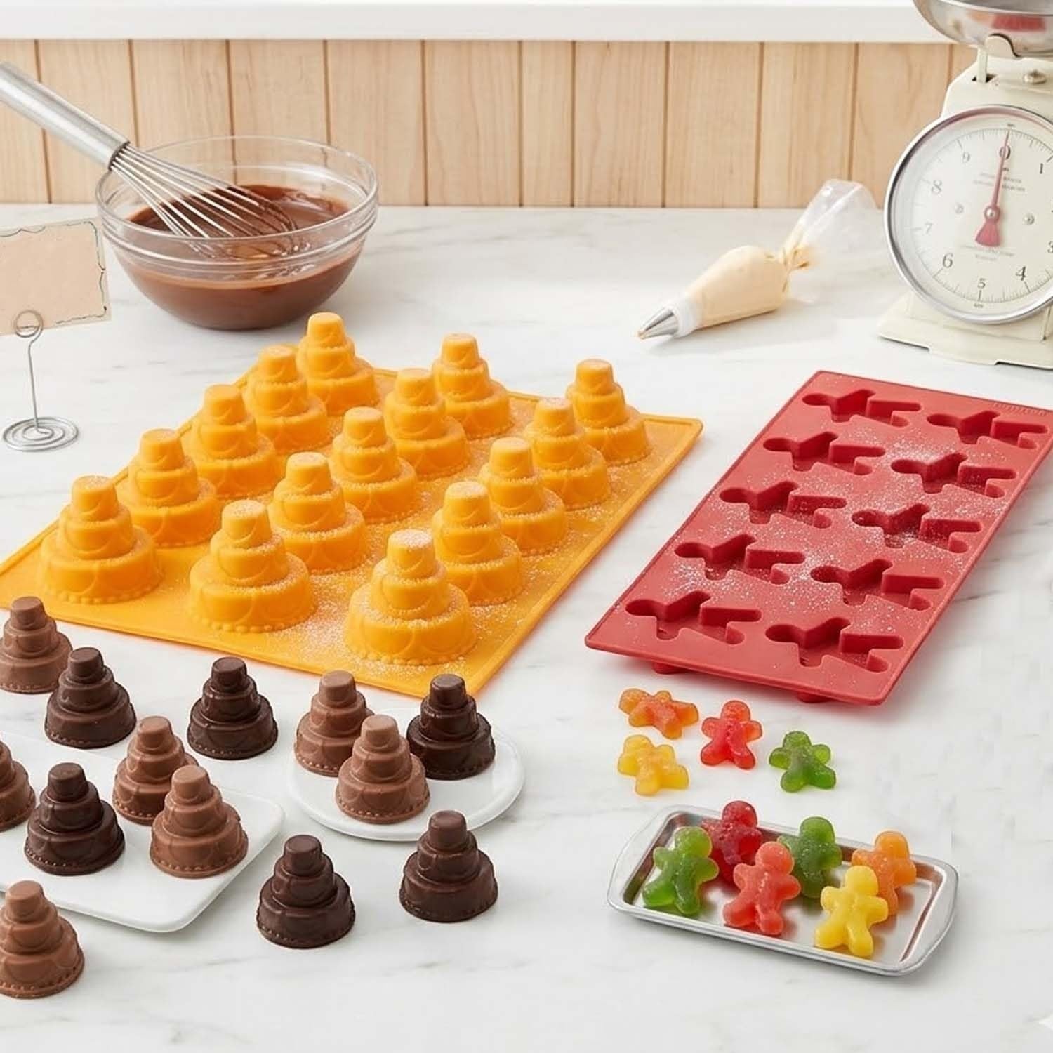 GoHooked silicone molds for making cake and gingerbread man shaped chocolates and candies on a kitchen counter.