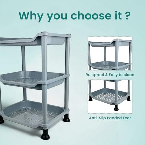 GoHooked silver 3-tier plastic storage rack with perforated shelves and anti-slip feet. Ideal for bathrooms, kitchens, or offices.