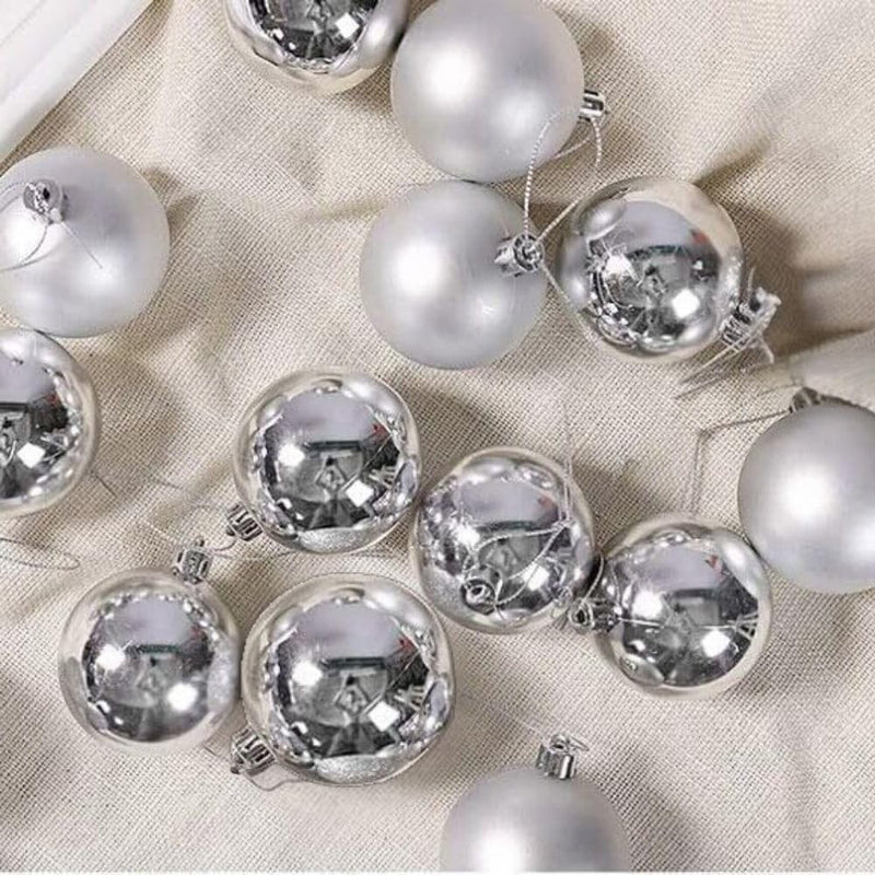 GoHooked silver Christmas ornaments, pack of 12, 2-inch balls with glitter and matte finishes.